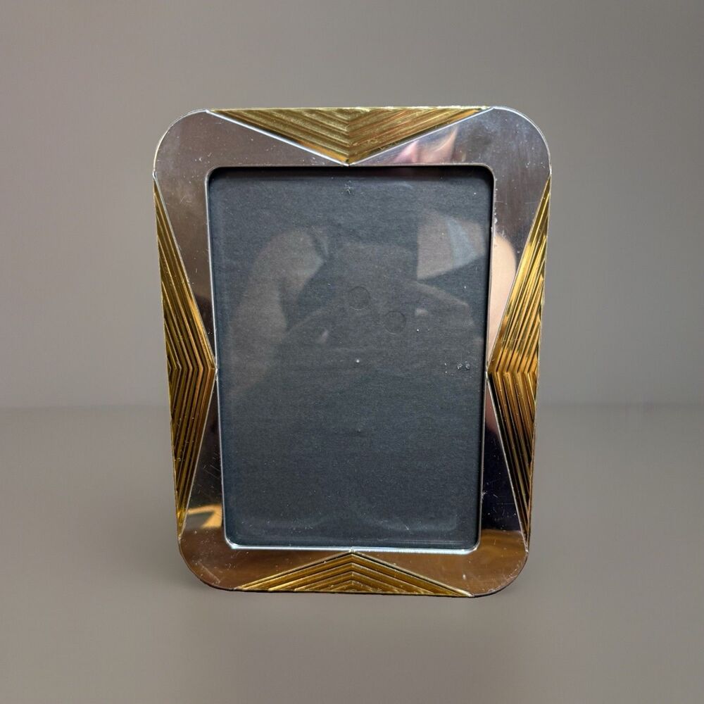 Vintage Art Deco Mixed Metal Picture Frame Gold Silver Tone Ribbed Geometric 80s